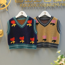 Girl wool vest 2021 Autumn New Korean version of college style color color knit sweater childrens V-neck vest