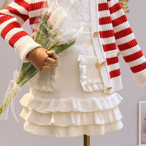 Осенний комплект, свитер, военно-морской кардиган, детская юбка, коллекция 2021