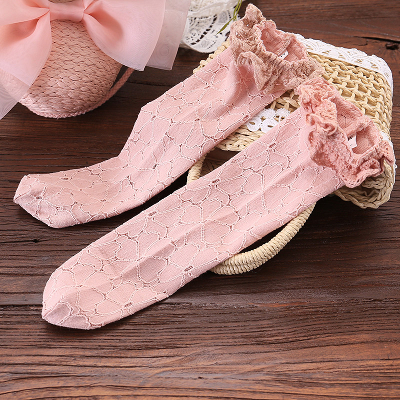 South Korean girls socks spring autumn 2022 new Korean version ladies lace butterfly knot 100 hitch lace children midbarrel socks