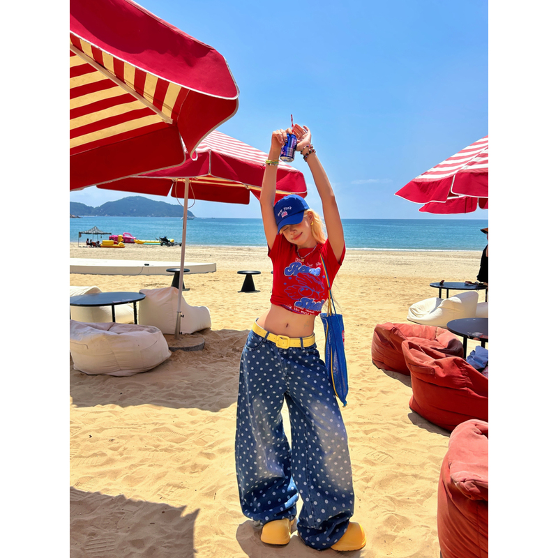 Uptomcc Sweet and Cool Shell Letter Print Shoulder-Length Short-Sleeve Polka Dot All-Over Print Wide-Leg Denim Pants Set