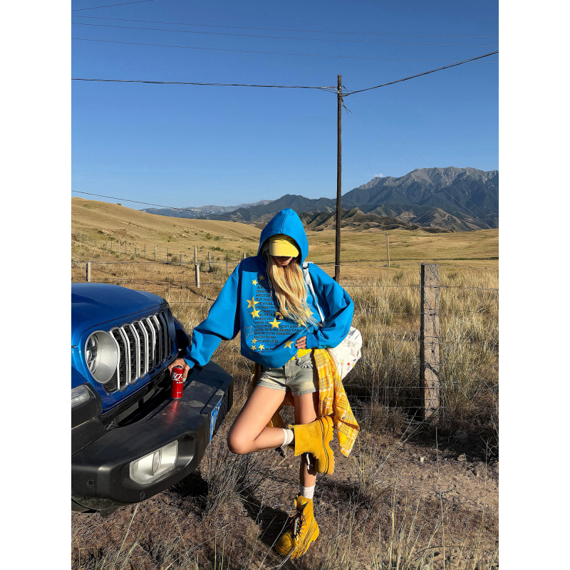 Uptomcc Dopamine Star Letter Print Hoodie Retro Distressed Low-Rise Denim Shorts Set