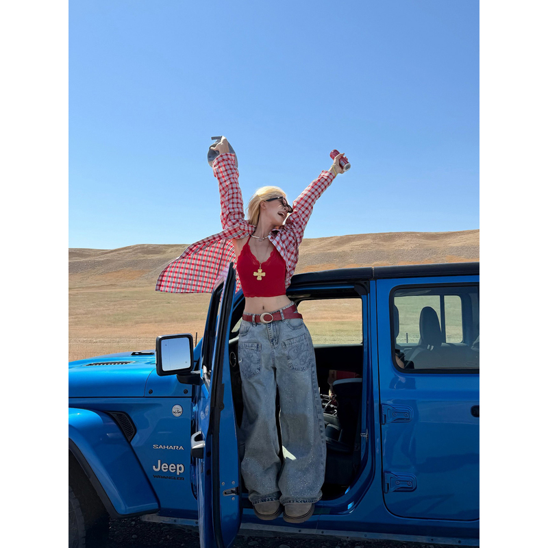 Uptomcc American-Style Plaid Shirt with Lace Suspenders, Distressed Rhinestone Wide-Leg Jeans, Self-Driving Tour Autumn Outfit