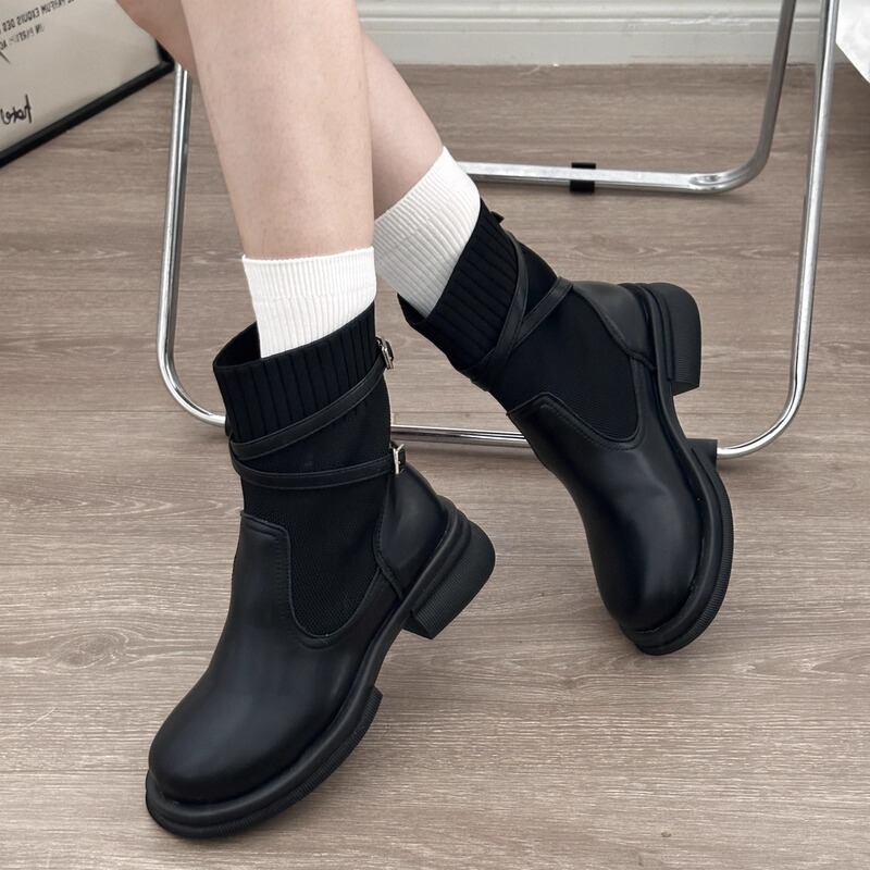 4cm Thick-Soled Slip-On Elastic Boot Socks, Mid-Calf Slimming Versatile Mid-Heel Chelsea Boots, Chimney Boots, Short Boots
