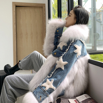 Young heavy-duty denim Parker dress womens short 2020 winter new fox fur grass coat fashion small man