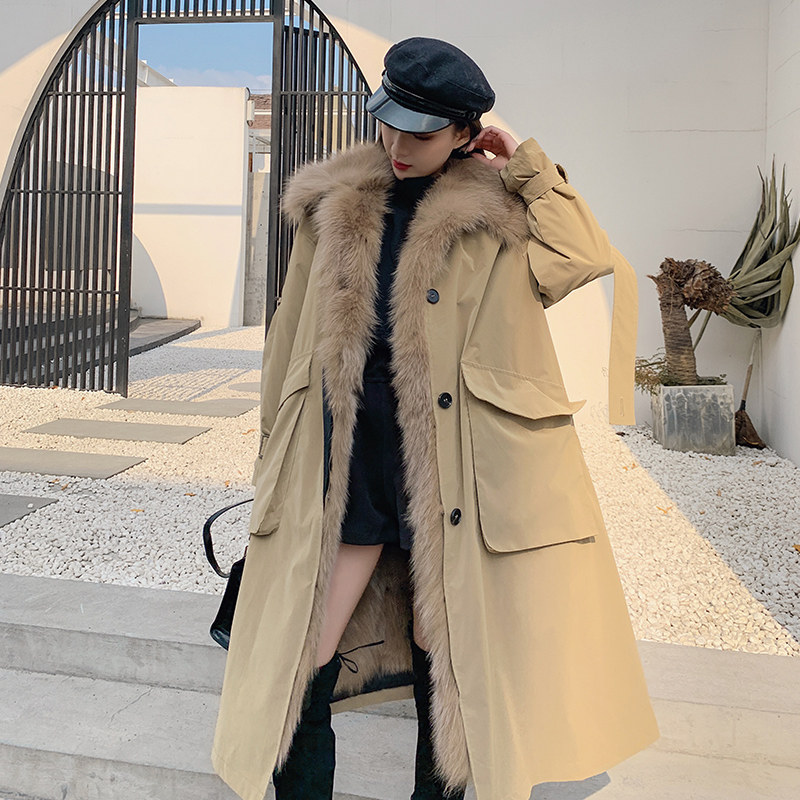 European station fox fur liner parker coat women's long version knee 2021 winter new trench coat fur coat