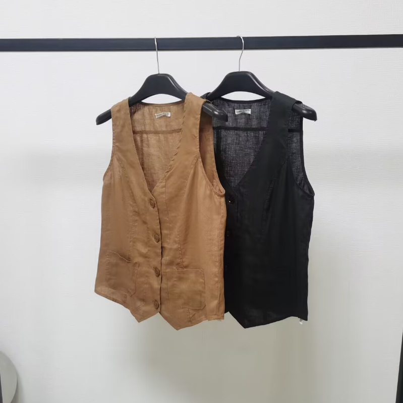 Exported to Spain, Women's Spring, Summer, and Autumn Linen-Textured Sleeveless Vest, Can Be Worn Alone or as an Outer Layer
