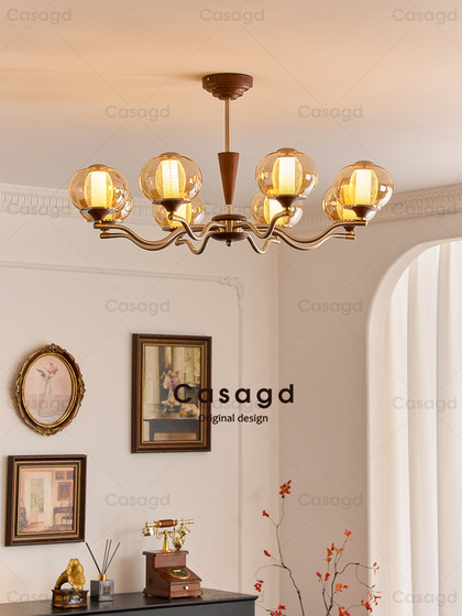 [Amber Pearl] Medieval Style Living Room Chandelier French Retro Walnut Bedroom Study Lamp Casagd