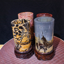 Natural grass flower stone Guangxi National painting stone stone ornaments Ebony rotating base cylindrical brush pen holder