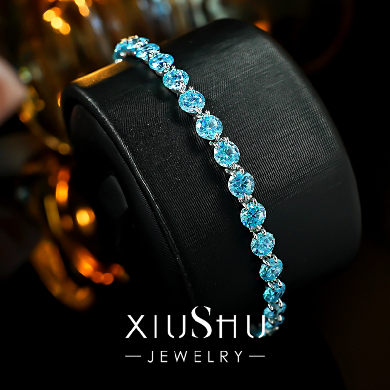 Fresh Aquamarine Color 925 Silver Bracelet for Women, Round Diamond Cut, Full Diamond, Niche High-End New Model