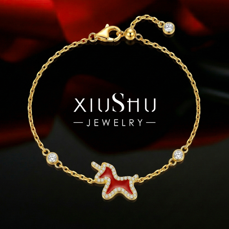 Natural Red Agate'Lucky Little Horse' 925 Silver Thin Chain Bracelet for Women, Mini Luxury Diamond-Encrusted Rocking Horse Natural Red Agate'Lucky Little Horse' 925 Silver Thin Chain Bracelet for Women, Mini Luxury Diamond-Encrusted Rocking Horse
