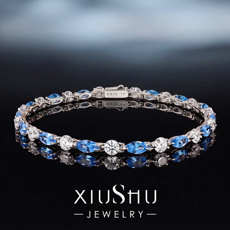 Cobalt Blue Marquise Spinel 925 Silver Bracelet Cultured Gemstone'Deep Sea Eye' Contrasting Colors Elegant Light Luxury ins Style Cobalt Blue Marquise Spinel 925 Silver Bracelet Cultured Gemstone'Deep Sea Eye' Contrasting Colors Elegant Light Luxury ins Style