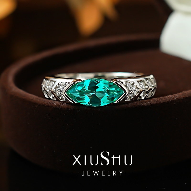 Trendy and Unique Paraiba 925 Silver Ring with High-Carbon Diamond Inlay, Blue-Green Light Luxury Wide Band Ring