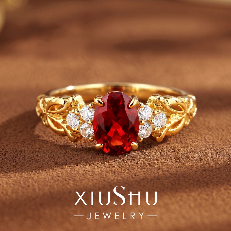 Cultivated Pigeon Blood Ruby 925 Silver Ring,'Gilded Rose' Palace Vine Niche Light Luxury Gemstone Ring