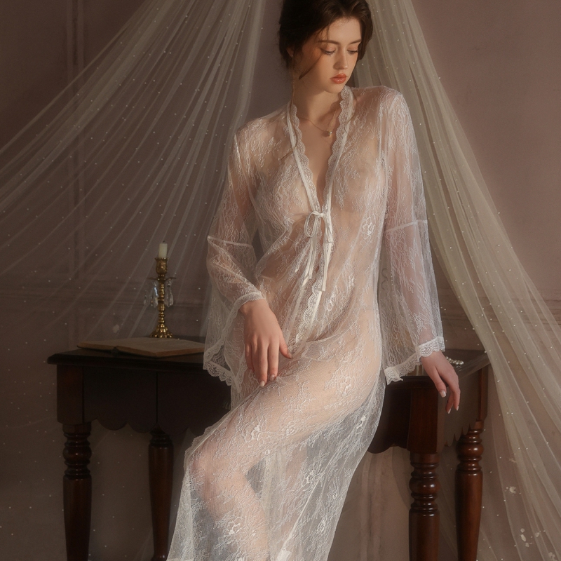 French-Style Sexy Nightgown for Women, Long-Sleeved Robe, Long Dressing Gown, Lace-Up Bathrobe, Lace Nightdress, Long Dress, Pure Desire Loungewear French-Style Sexy Nightgown for Women, Long-Sleeved Robe, Long Dressing Gown, Lace-Up Bathrobe, Lace Nightdress, Long Dress, Pure Desire Loungewear