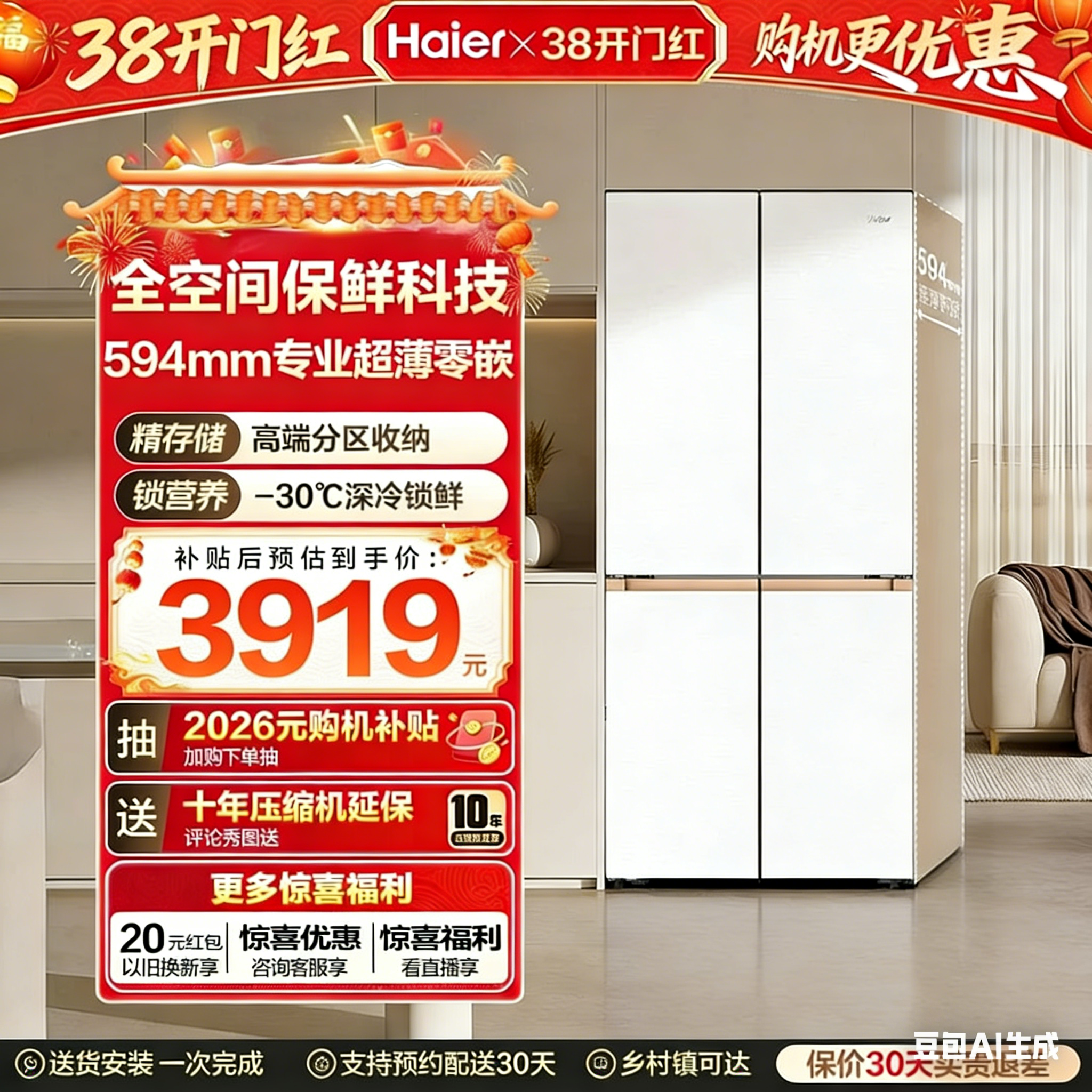 ハイアール BCD-507WGHTD1BWLU1 4ドア 超薄型 非埋め込み型 家庭用空冷冷蔵庫
