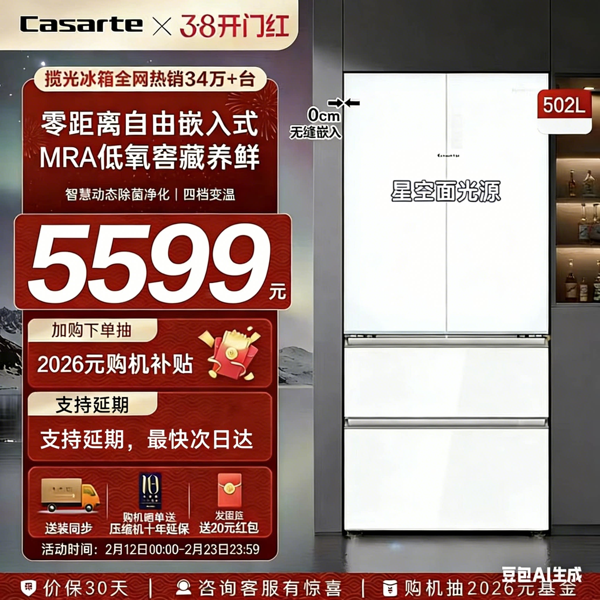 カサルテ BCD-502WGCFDM4G6U1 ライトアップゼロ埋め込み式ホワイトフレンチ冷蔵庫