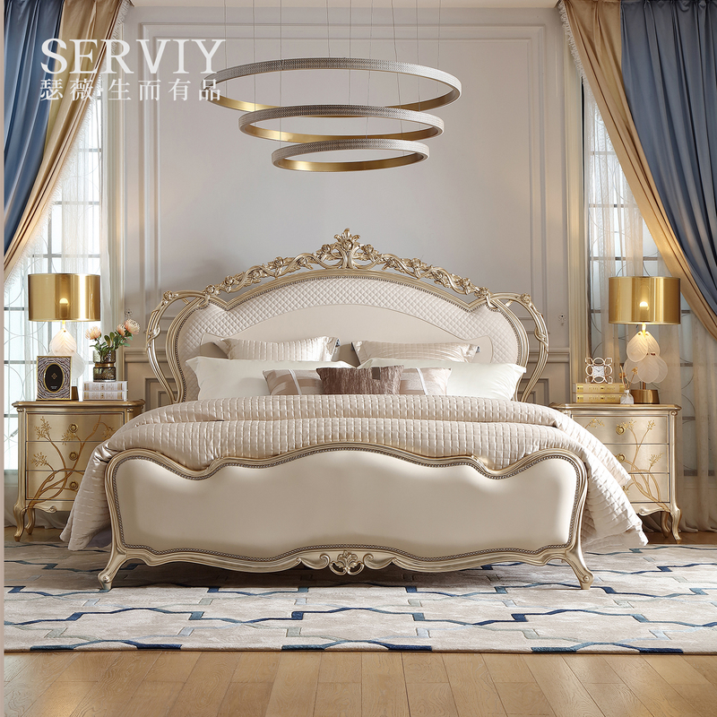 Sevi French Accessible Luxury Palace Solid Wood Carved Leather Bed European Retro Princess 1.8m Master Bedroom Double Bed Se1