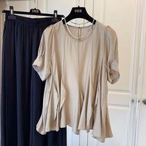 Design sense niche splicing fish tail swing light and thin breathable loose soft flower bud sleeve short sleeve shirt top