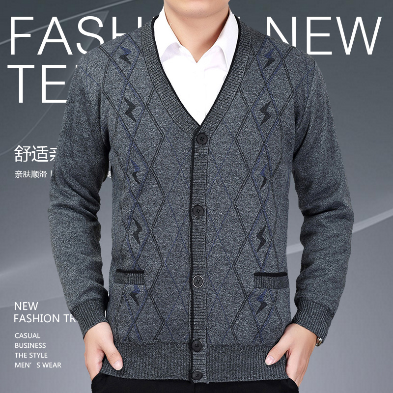 Trung niên và người già cộng với nhung cardigan nam mùa thu và mùa đông mặc dày đan áo khoác V-Cổ cardigan áo len người già ấm áo len