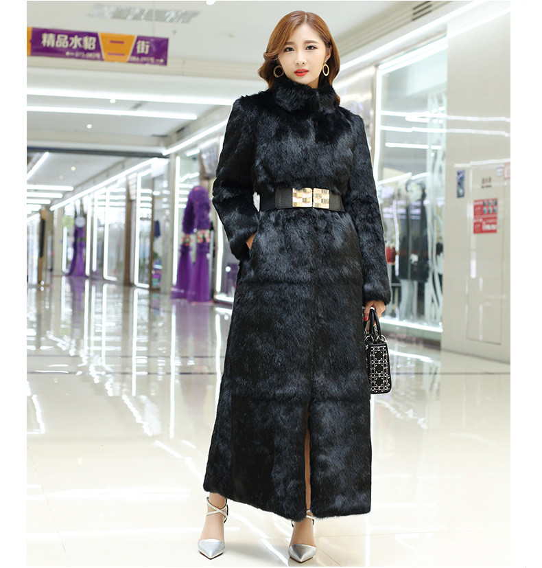 Women Genuine Rabbit Fur Long Coat Slim Fit Jacket Winter Warm Overcoat  Outwear