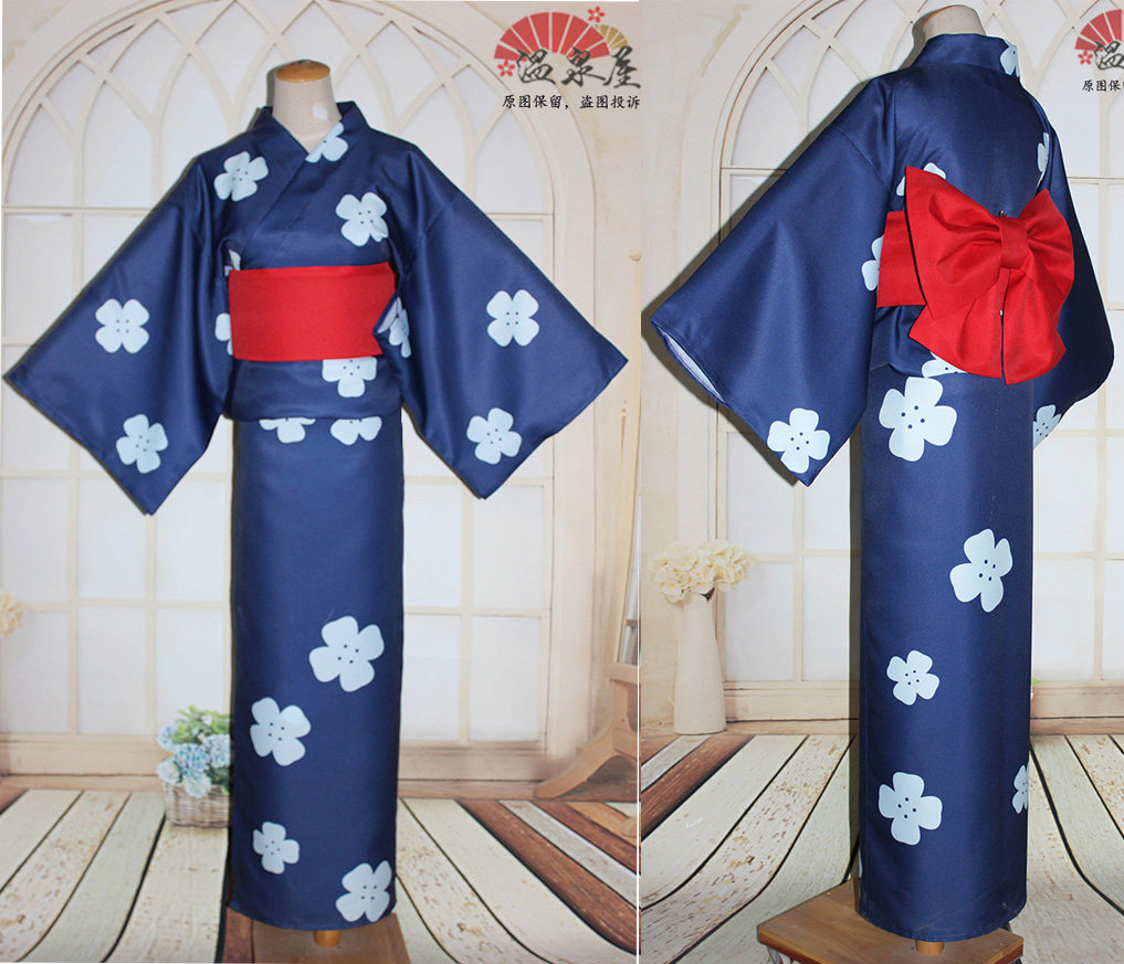 Spot sample clothes 1 set your name Gongshui three leaves cosplay blue four-leaf printing kimono bath wig