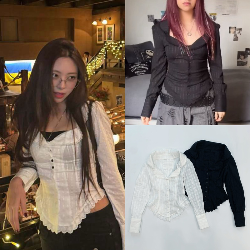 Korean Jennie Kim Ji-Ni Yuna Style Lace Trim Low-Cut Waist-Cinching Long-Sleeve Shirt