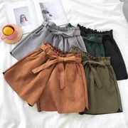 Quần short nhung nữ mùa thu 2018 mới Hàn Quốc thắt nơ co giãn eo rộng quần short nóng bỏng