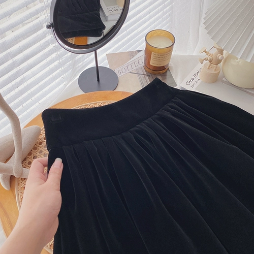 Бархатная зимняя черная юбка, высокая талия, 2024 года, в корейском стиле, подходит для подростков, по фигуре, А-силуэт