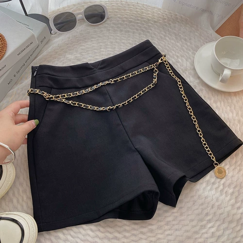 Цепь, шорты для отдыха, универсальные летние черные штаны, высокая талия, в корейском стиле, по фигуре