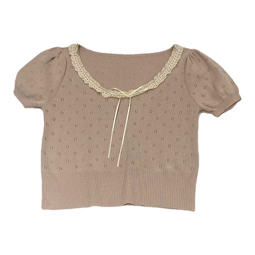 Кружевной трикотажный летний короткий брендовый свитер, в корейском стиле