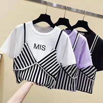 Girls cotton short-sleeved T-shirt 2021 summer new medium-big child Korean version of foreign-style stripes sling fake two-piece shirt