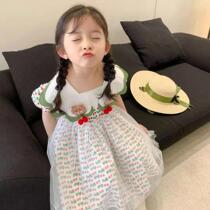 Girls summer polo point net gauze casual princess skirt strappy big bow V collar stereo cherry dress
