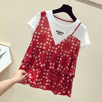 Girls summer dress fake two short sleeve T-shirt 2021 summer new medium big child wave dot foreign chiffon mosaic chiffon mosaic top