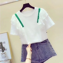Girls cotton short-sleeved white T-shirt 2021 new children Middle and Big Boy foreign fashion fashion little girl lace top