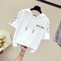 Girls summer hooded T-shirt 2021 summer new large children Korean print cotton loose short sleeve shirt
