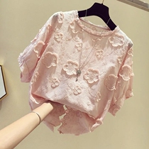 Girls summer short sleeve 2021 New lace collar Korean version of loose top children fashionable foreign style embroidery tide clothes