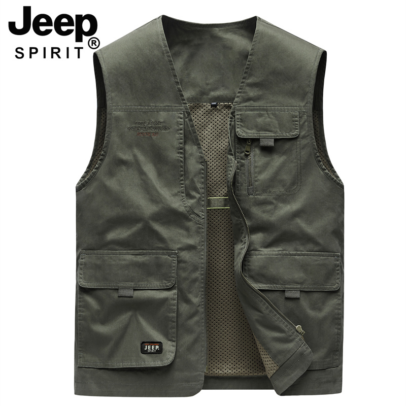 Jeep Jeep Pure Cotton Vest for Men, Middle-Aged, Loose Fit, Large Size, Spring and Autumn Thin Style, Multi-Pocket, Casual Vest Jacket for Dad
