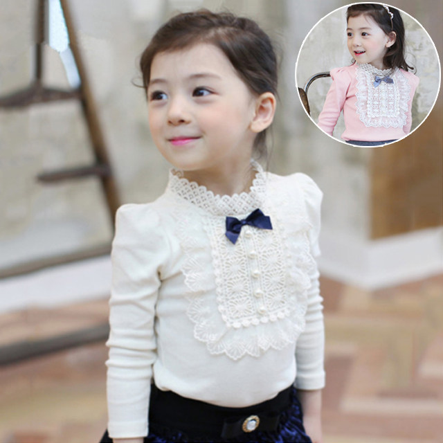 Han Edition Girl's Winter Plus Fleece Beat Bottom Shirt 2021 New Lace Blouse Children Spring Autumn Pure Cotton Long Sleeve Princess T Shirt