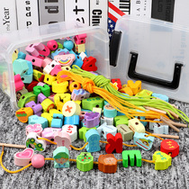 Young children wearing beads educational toys baby hands-on ability diy handmade building blocks 1~3 years old wooden threaded beads