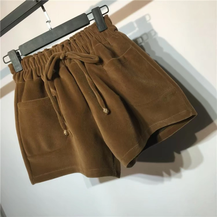 Mát mẻ mùa thu và mùa đông mới dán túi thỏ quần short sang trọng nữ thun eo rộng quần rộng chân Hàn Quốc quần cao eo