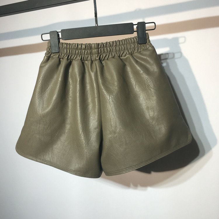 Quần short da cạp cao nữ 2018 thu đông 2018 phiên bản mới của Hàn Quốc quần lửng ống rộng quần da mỏng bên ngoài mặc quần bốt quần short nữ tới đầu gối
