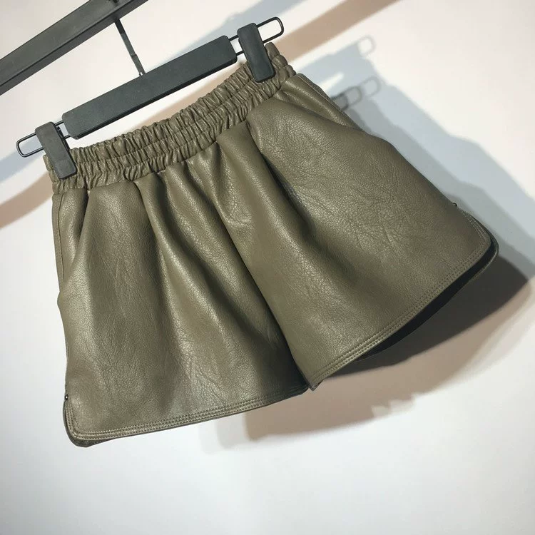Quần short da cạp cao nữ 2018 thu đông 2018 phiên bản mới của Hàn Quốc quần lửng ống rộng quần da mỏng bên ngoài mặc quần bốt