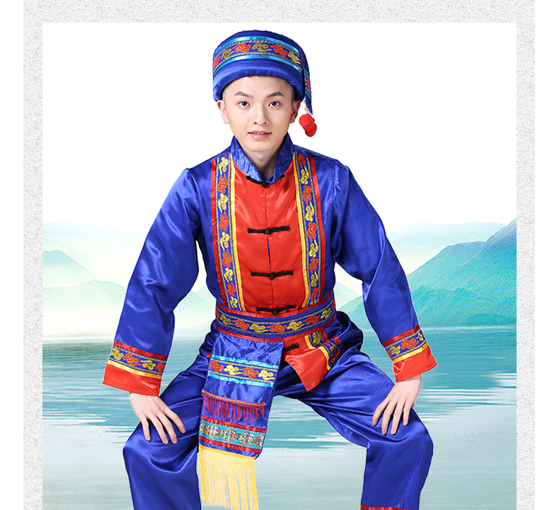 Trang phục khiêu vũ Miao mới trang phục biểu diễn quần áo nam giới trưởng thành thiểu số Tujia Hulu trang phục dân tộc mông