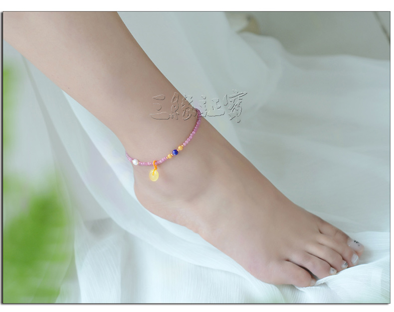 Sanyuan Zhengbao vòng chân garnet nữ phiên bản Hàn Quốc của tourmaline sáp ong 925 sterling bạc sinh viên đơn giản Sen loạt chân hoang dã lắc chân đẹp độc