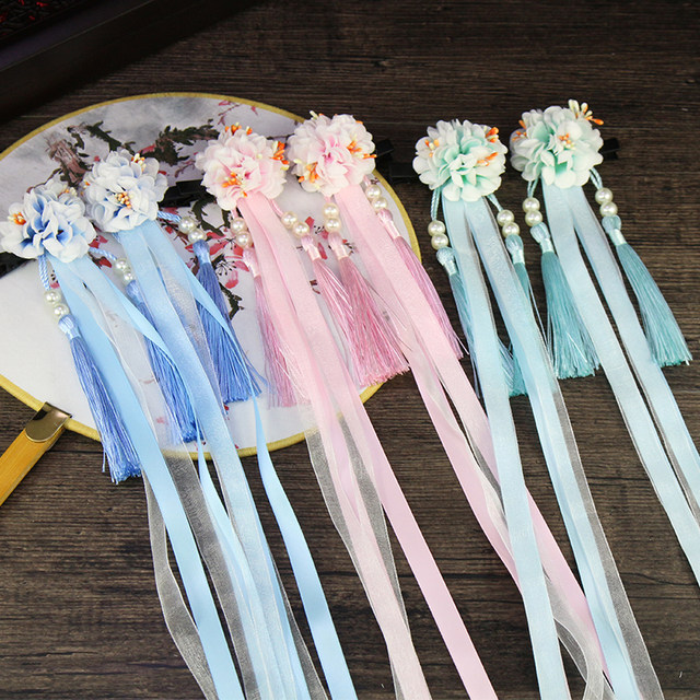 ແບບບູຮານ Hanfu costume accessories silk headdress streamer cos hairpin ຂ້າງ clip tassel ເຄື່ອງປະດັບຜົມແບບຈີນ