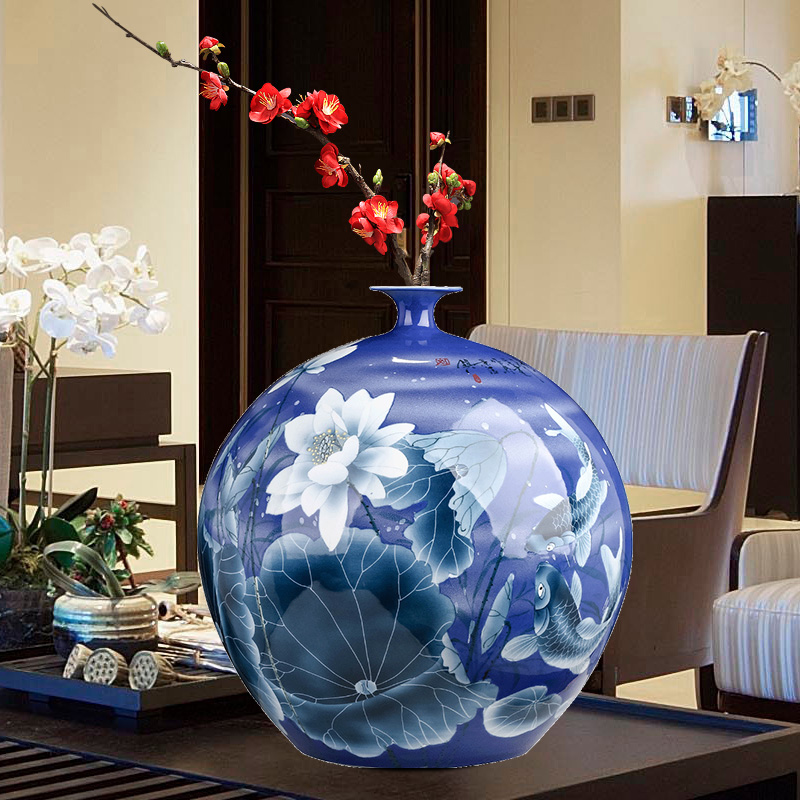 Hand made lotus large blue and white porcelain vase furnishing articles of new Chinese style living room large landing jingdezhen ceramic bottle