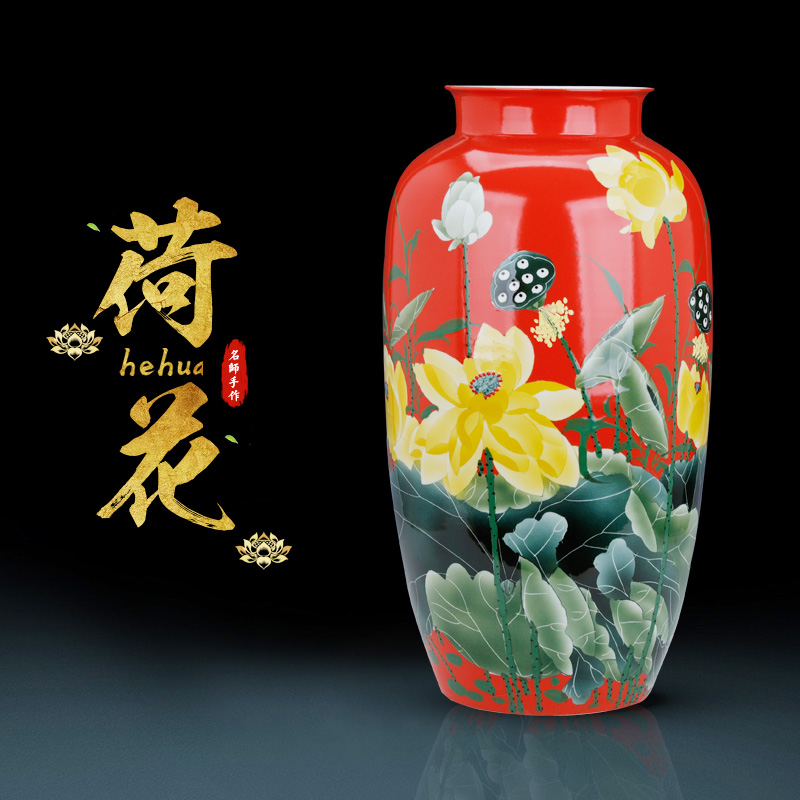 Big hand made red lotus vase home sitting room flower arranging the study adornment ceramics large furnishing articles handicrafts