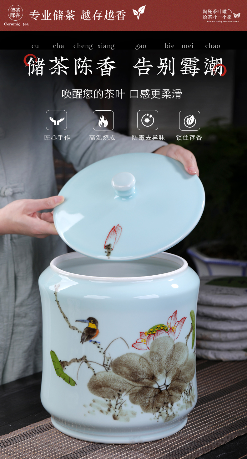 Jingdezhen ceramic storage tank hand - made lotus bird pu 'er tea pot furnishing articles large study seven cakes tea urn