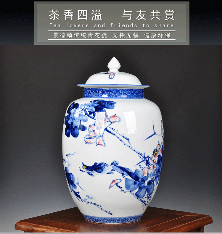 Jingdezhen ceramic tea pot size 6 jins hand - made puer tea cylinder seal moisture of blue and white porcelain tea POTS