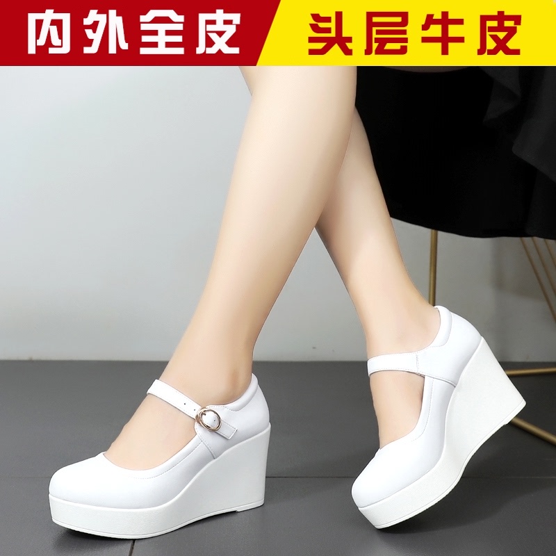 Genuine Leather Wedge Shoes for Women, Large Size, Shallow Mouth, Waterproof Platform, Thick-Soled Leather Shoes, Wedding Shoes, Platform Shoes, Soft-Soled High-Heeled Women's Shoes, White